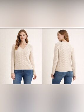 Minnie Rose 100% Cashmere Cable Knit Sweater Cream V Neck Size Small